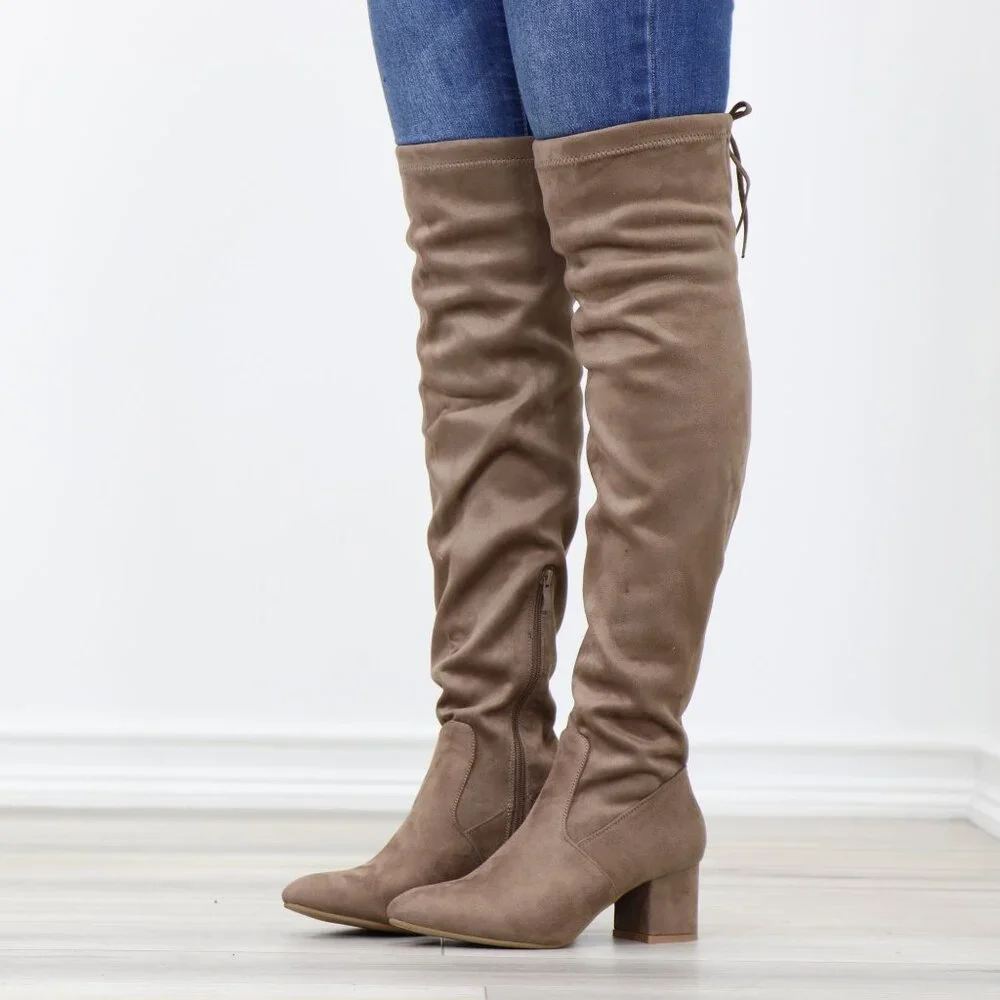 Taupe Over-the-Knee Boots Faux Suede Low Block Heel Tie Back